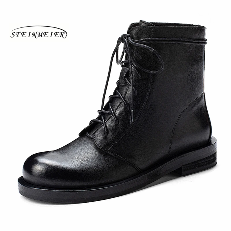 Женские ботильоны из натуральной кожи; ботинки на шнурках в байкерском стиле; зимняя кожаная обувь на плоской подошве с пряжкой; короткие ботинки на шнурках;