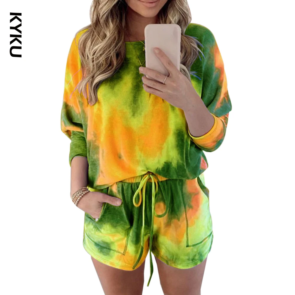 

Tie Dye Printed Women Clothing Set Two Piece Long Sleeve Blouses + Shorts Ladies Outfits Fashion Casual Female Clothes Set 2020