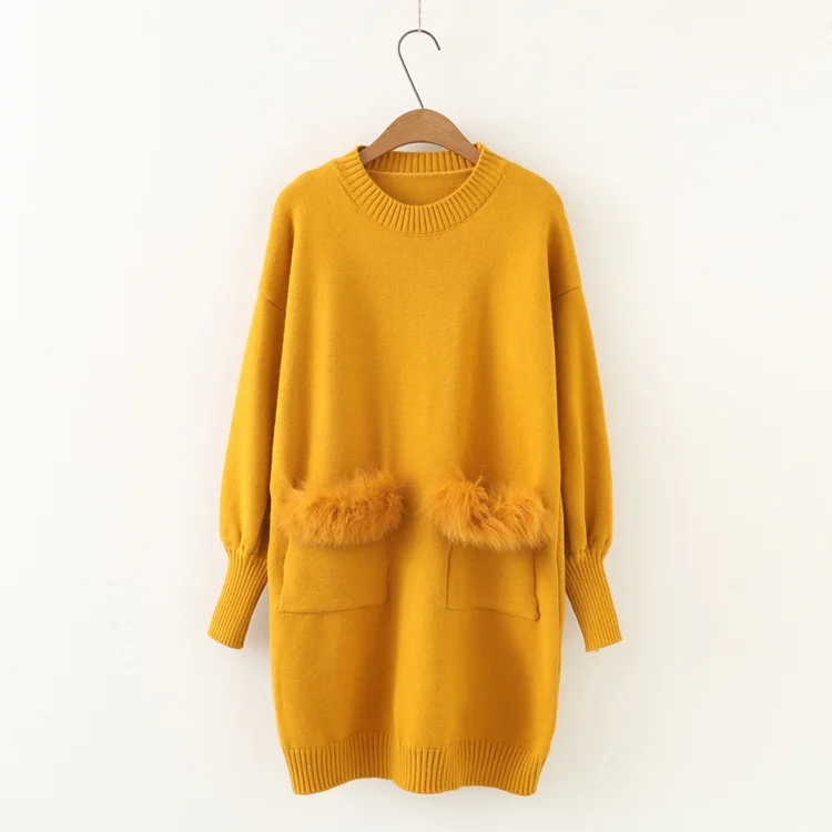 brightyellow sweater Neploe Pull Femme, осенне-зимний свитер с длинным рукавом, платье из искусственного меха с карманами, вязаный пуловер, повседневный джемпер с круглым вырезом, 36300 - Цвет: brightyellow sweater