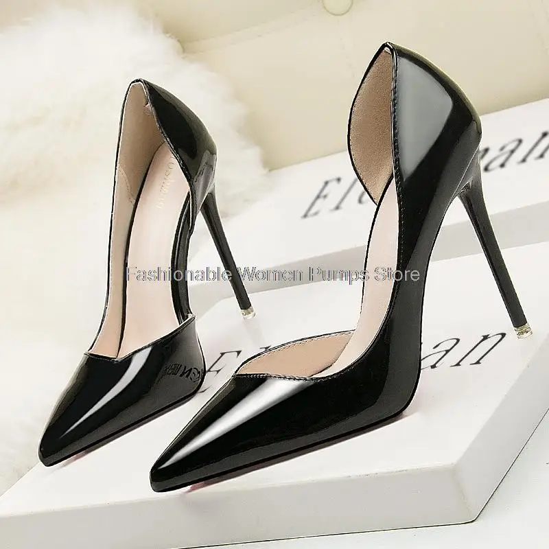 

OL Office Ladies Shoes Patent Leather Women Pumps Fashion Thin High Heels 10cm Stiletto Shallow Side Hollow Pointed Toe Female