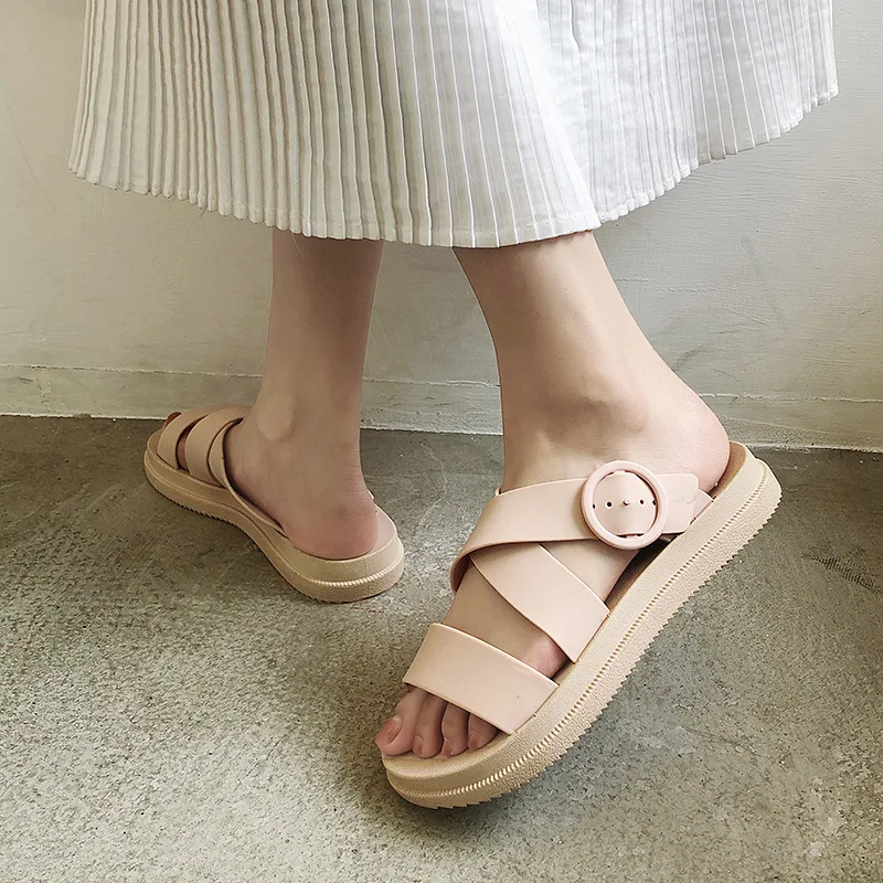 Сланцы женские на толстой подошве ПВХ без застежек открытый носок Повседневные