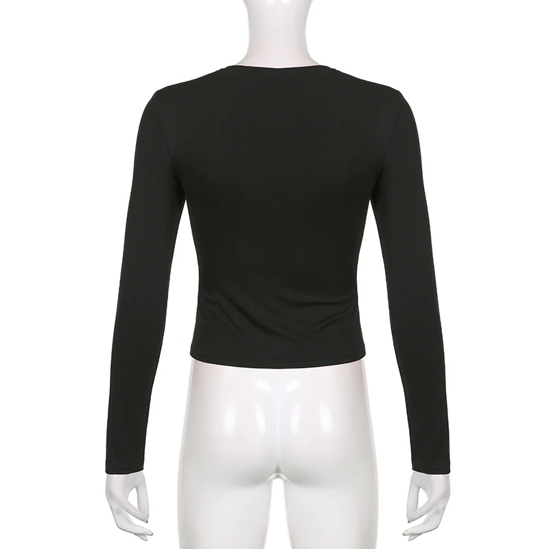 

WeiYao Autumn 2021 Black Woman Tshirts Contrast Patchwork Shirring Square Collar Elegant Fashion Long Sleeve Basic Top Tees
