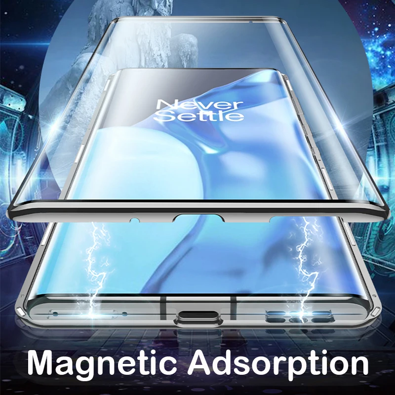 magnetic adsorption metal bumper phone case for oneplus 9 8 pro 9r case double tempered glass camera lens protector back coque free global shipping