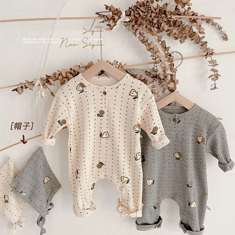 

MILANCEL 2021 Autumn Baby Rompers Toddler Jumpsuits Pear Print Boys Clothing Newborn Clothes Waffle Rompers