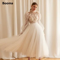 booma elegant high neck midi wedding dresses 2022 long marie sleeves appliqued bows tea length bridal gowns a line bride dresses