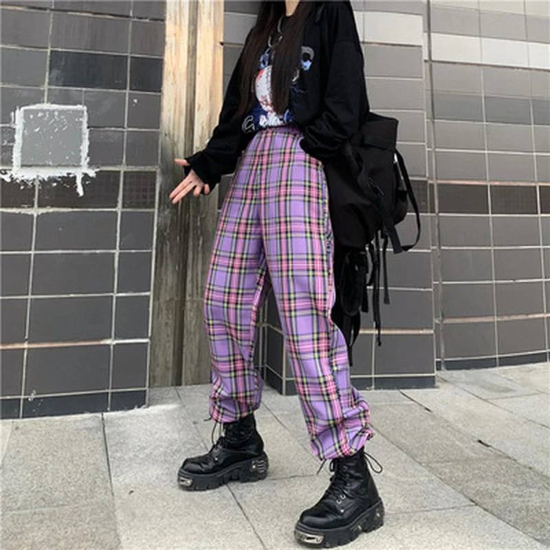 

Женские клетчатые брюки-карго в стиле Харадзюку, уличная одежда в стиле хиппи, фиолетовые широкие брюки, корейская мода 2021