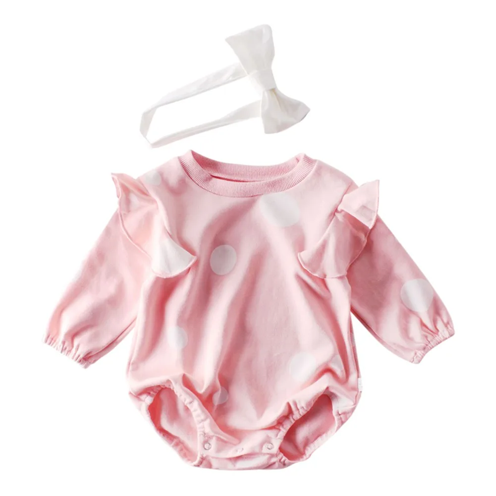 

Одежда для новорожденных девочек; Осенняя теплая одежда с длинными рукавами и круглым вырезом; Боди в горошек с принтом; Наряд с головной по...