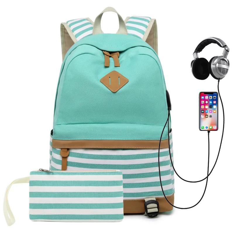 green Рюкзак из парусины в полоску, сумка для компьютера, зарядка через usb, Двухсекционный рюкзак, подходит для учеников начальной и средней школы - Цвет: green