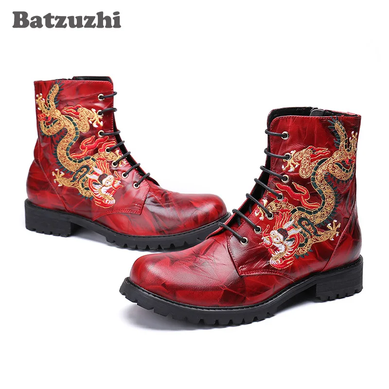 Batzuzhi Cool Boots Men Lace-up Genuine Leather Ankle Motorcycle Biker Combat Botas Hombre Black or Big Size 46