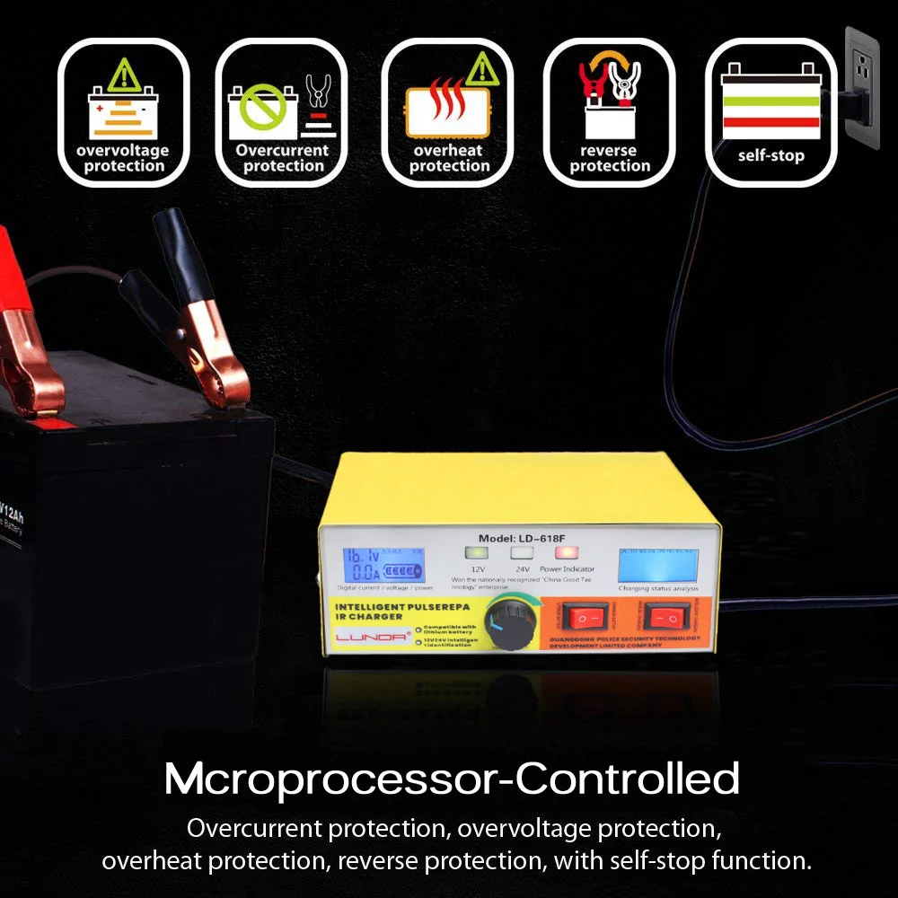 Автоматическое интеллектуальное зарядное устройство для автомобильного аккумулятора типа 400AH для зарядки 12V 24V мотоцикла, грузовика, автомобиля и мотора.