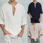 Лидер продаж 2021, Мужская льняная рубашка с длинным рукавом, Свободные повседневные футболки с V-образным вырезом, женские народные подарки, на заказ