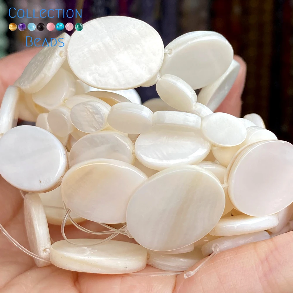 Perles ovales plates en nacre naturelle blanche  15 pouces  pour la fabrication de bijoux  DIY