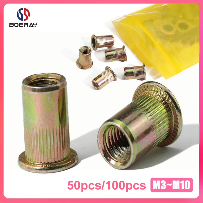 

50 шт. 100 шт. M3 M4 M5 M6 M8 M10 M12 углерода Сталь с цинковые пластины с плоской головкой заклепки с резьбой вставки вставка Кепки Rivnut заклепочная гайка