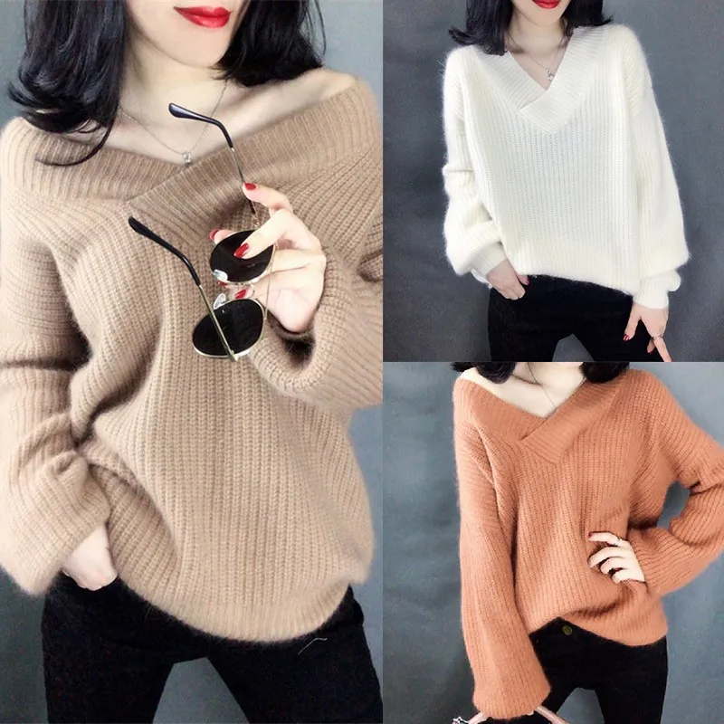 Loose Casual Lantern Sleeve Mohair Thicken Sweater Women Fashion Trend Simple V-neck Solid Color Pullover Sweater