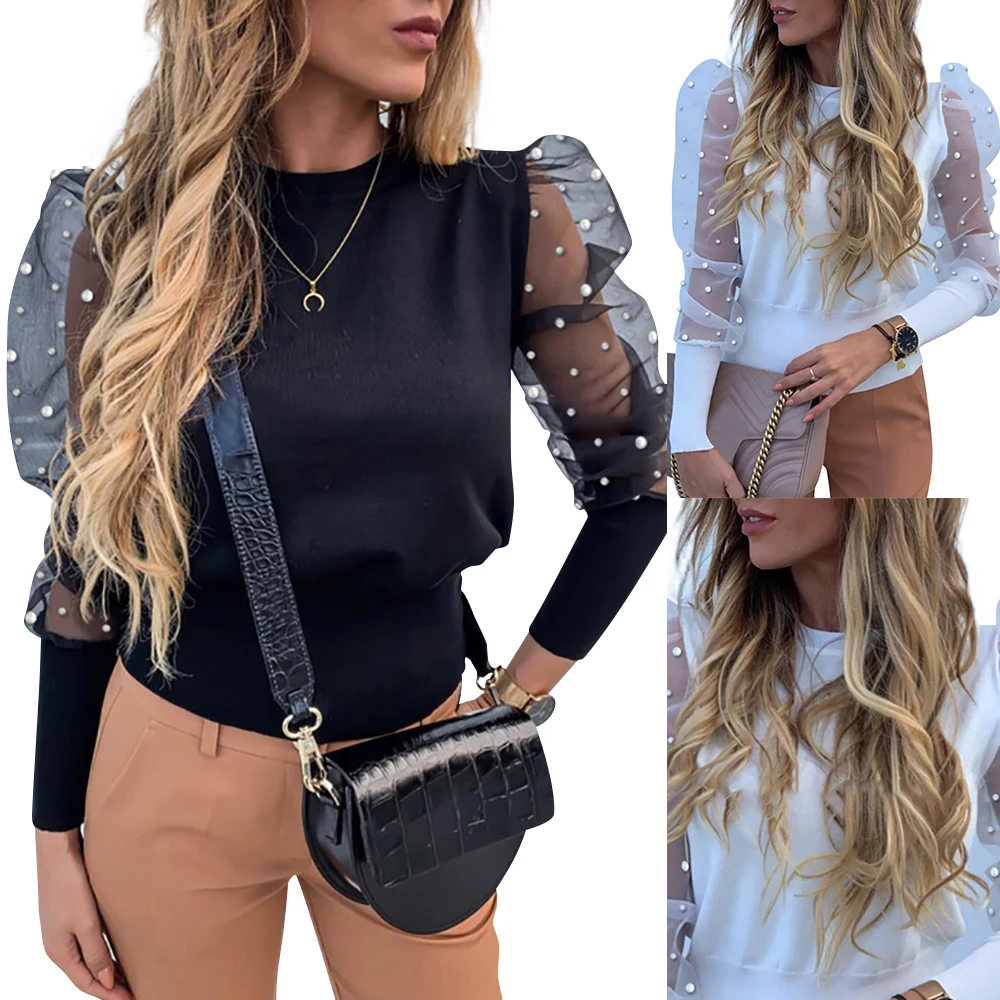 Женская винтажная блузка в горошек с бусинами Офисная Осенняя пышными сетчатыми