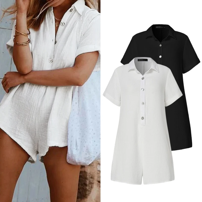 

Casual Solid White Romper Women Cotton Linen Mini Overalls ZANZEA Short Sleeve Button Playsuit 2021 Summer Fashion Jumpsuits