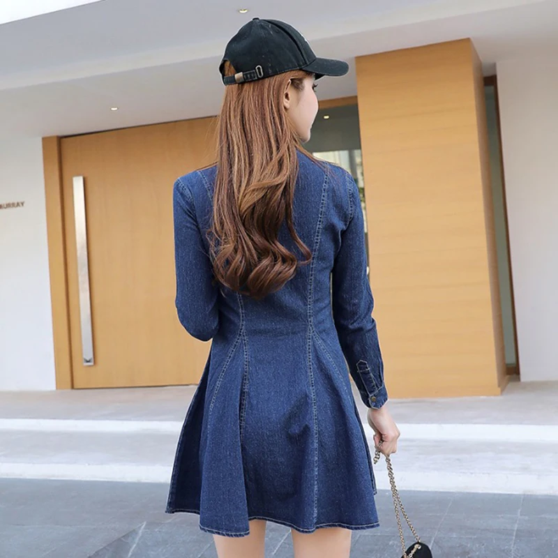

Spring Autumn Women Denim Dress Fashion Single-breasted Long Sleeve Jeans Dress Female Preppy Style A Line Swing Short Dresses