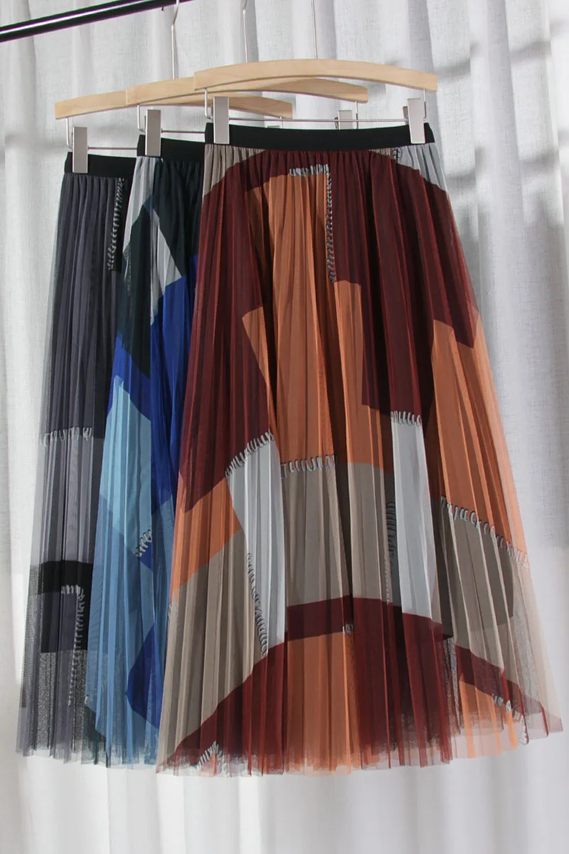 

2021 New Women's Matching Mesh Skirt Pleated Skirt High Waist A-line Skirt Midi Skirt Women Chiffon Floral Cover Ups
