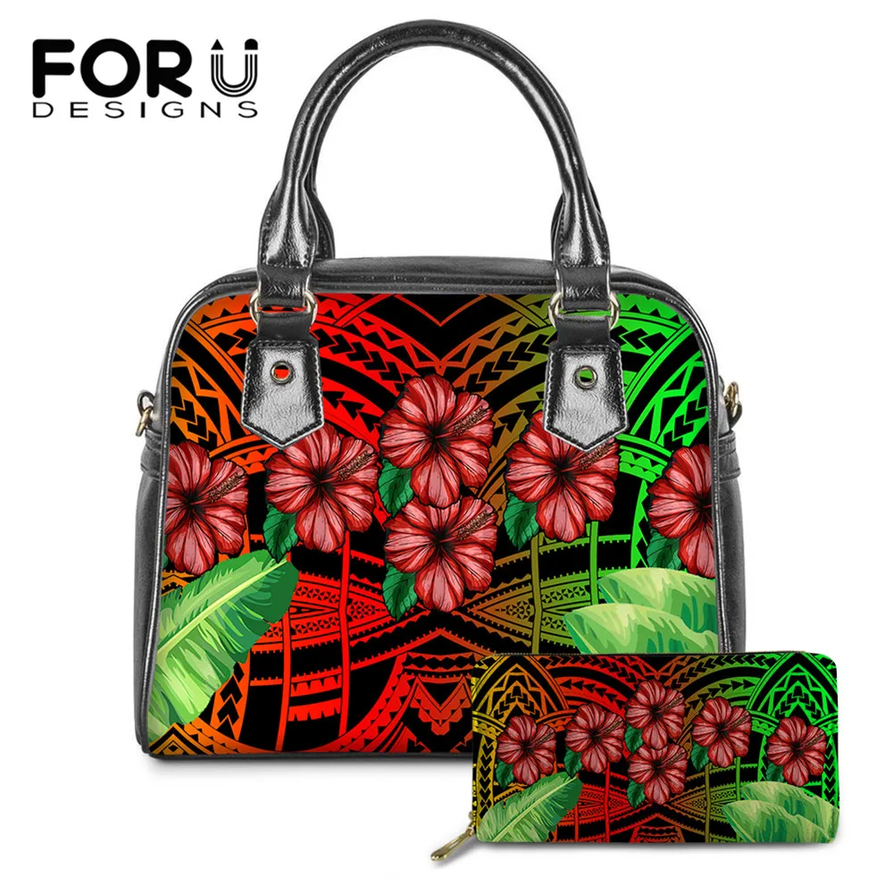 

FORUDESIGNS, градиентная Женская мода с принтом листьев гибискуса, 2 шт., вместительная сумка из искусственной кожи, брендовый дизайнерский Длинн...