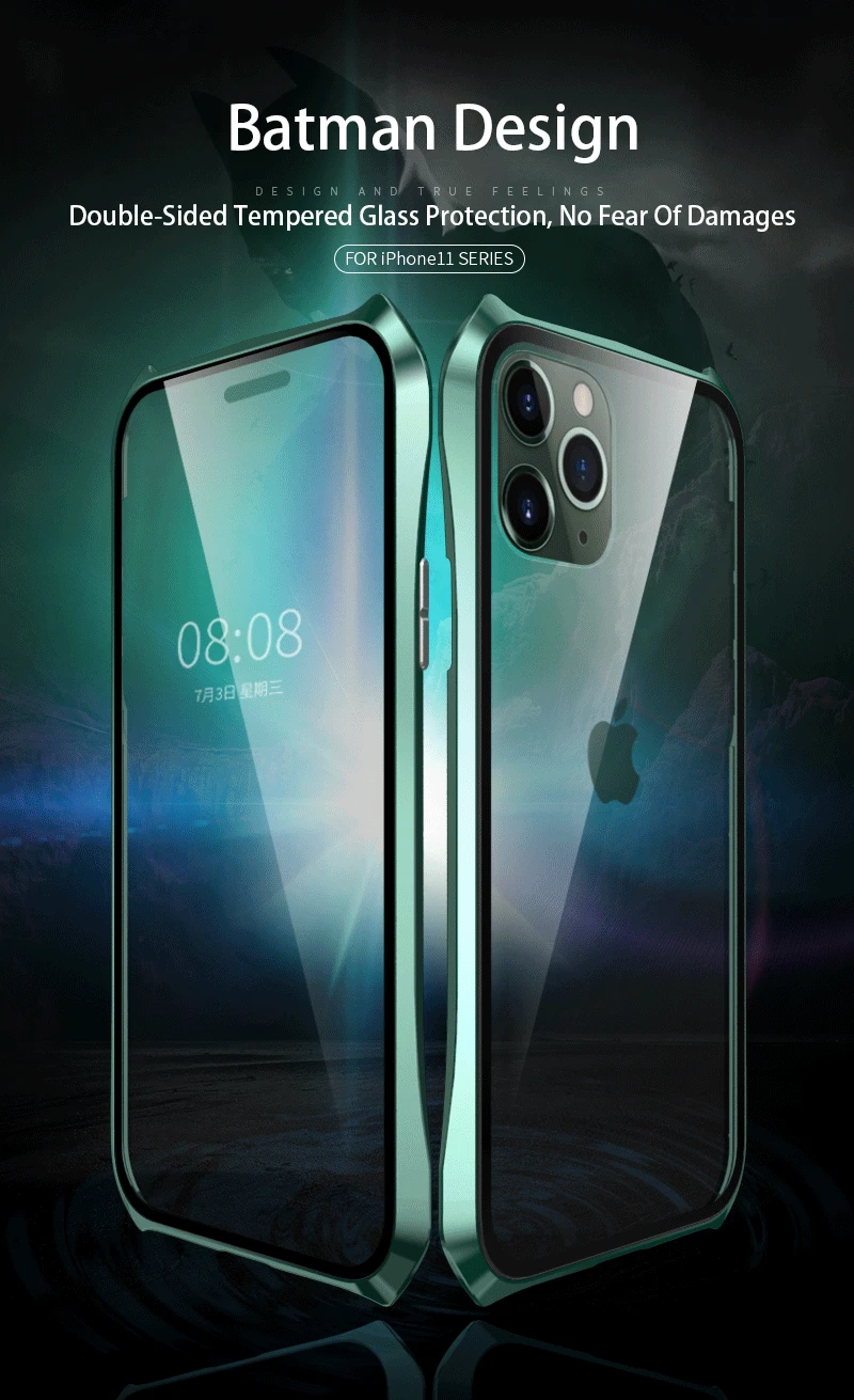 Для iPhone 11 Pro Max 11 чехол, стиль летучая мышь тонкая металлическая рамка, взрывозащищенный чехол из закаленного стекла с магнитной адсорбцией