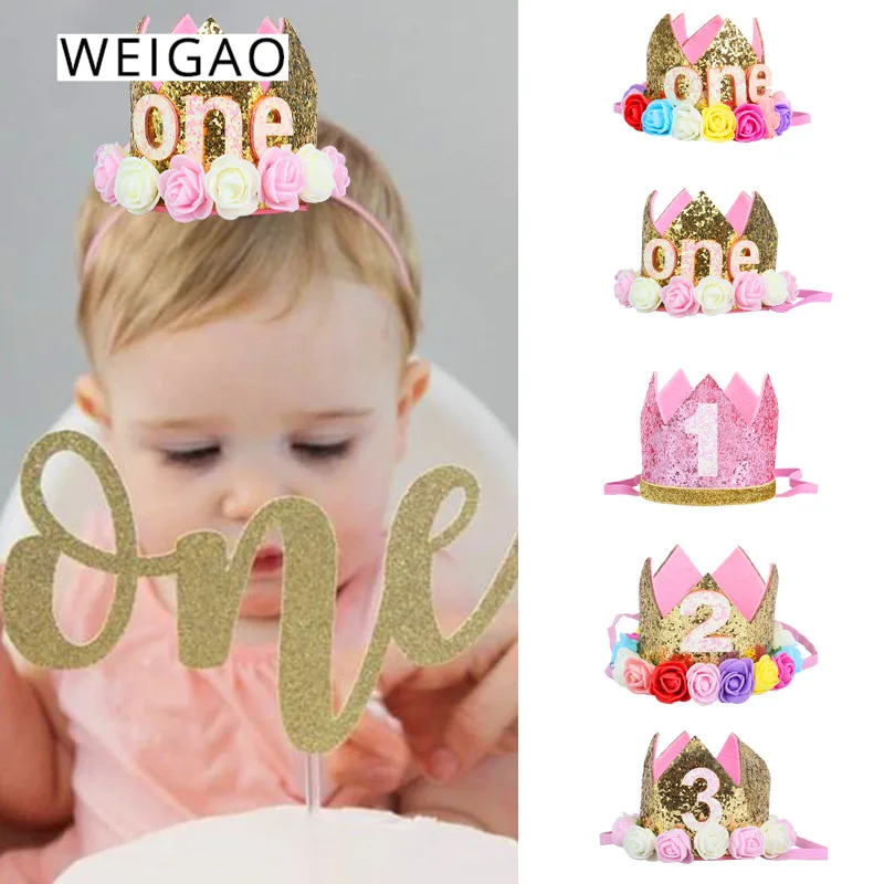 

WEIGAO 1/2/3 Happy Birthday Party Caps Decor One Birthday Hat Princess Crown Baby Birthday Headband 1st 2nd 3rd Year Old Decor