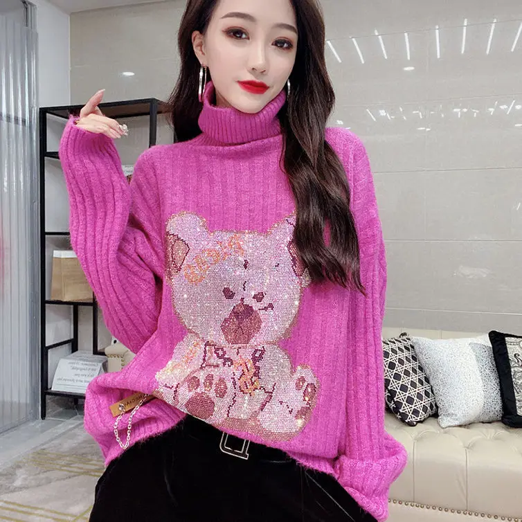 

Diamond-Embedded Sweaters Women's Clothing 2021 Autumn and Winter New High Neck Warm Pile Collar Sweater Fashion Sweater