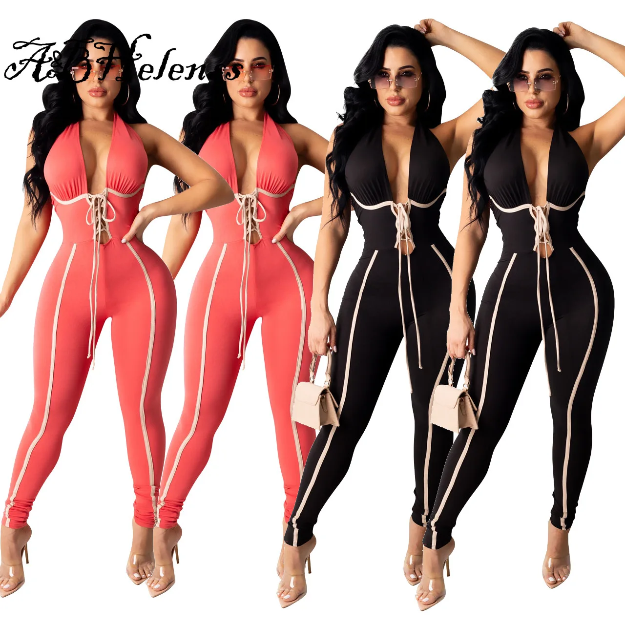 

A&BHelenss Halter Body Jumpsuit Women Summer Sexy Deep V Neck Backless Lace Up Bandage Pants Bodycon Club Party Jumpsuit