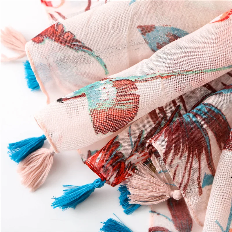 

2020 Spring and summer popular colorful bird sun protection scarf fashion cotton hemp scarf women Beach Super large print shawl