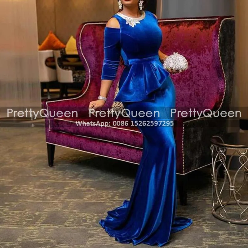 

Из бархата ярко-синего цвета, платья для выпускного вечера с 3/4 одежда с длинным рукавом Бисер аппликации пол Длина торжественное платье веч...