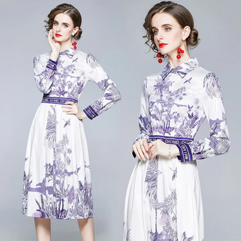 

Runway Designer Dress Female Autumn Winter Women Elegant Slim Plus Size Midi Dress Fashion Casual Blue Vintage Print Dresses