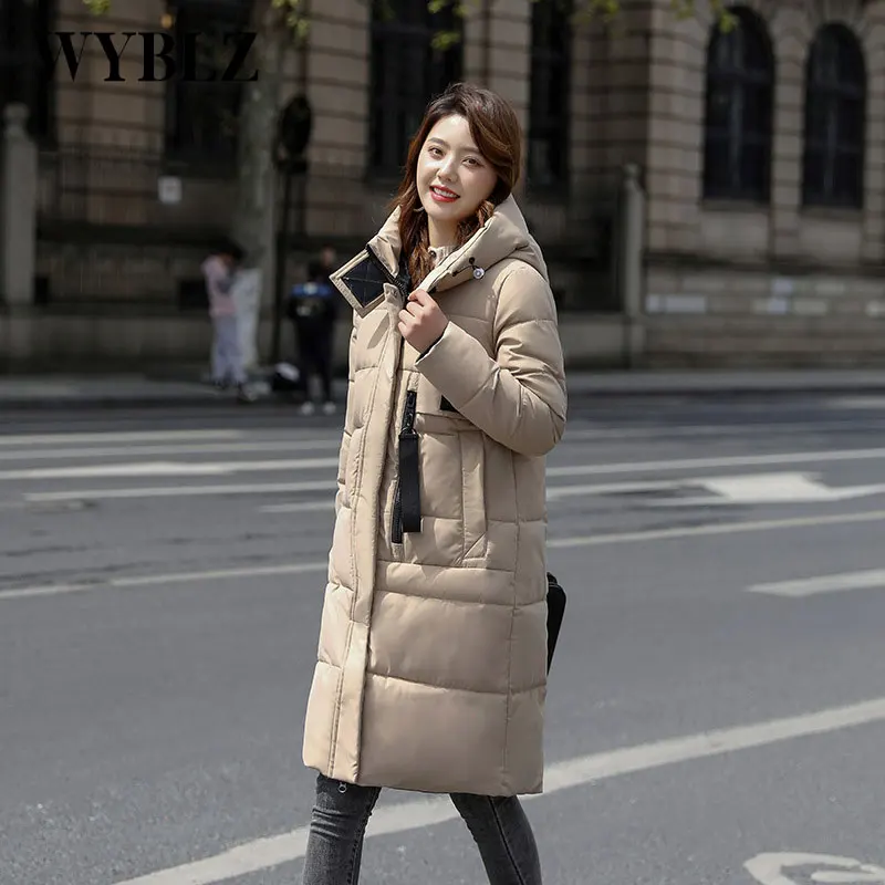 WYBLZ New Winter Parkas Jacket Women Hooded Warm Long Cotton Jackets Female Solid Color Loose Simple Padded Coat for Women 2021