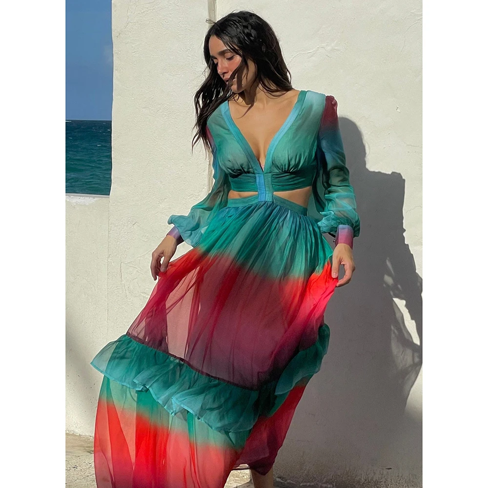 Женское ажурное платье с V-образным вырезом и открытой спиной длинное