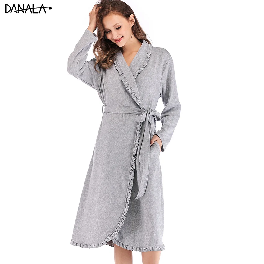 DANALA 100% Хлопковая женская одежда для сна банный халат осенний теплый длинный