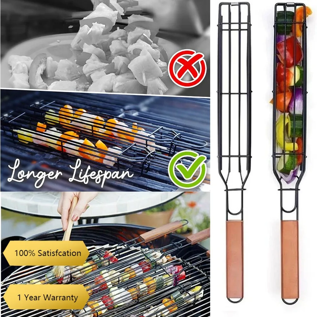 

Portable Barbecue Grilling Basket Stainless Steel Nonstick Grill Tools Grill Mesh Basket Meat Hamburger Barbecue Tools skewer