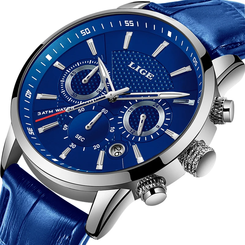 

LIGE мужские часы, классические, синие, кожаные, повседневные, спортивные, кварцевые, водонепроницаемые