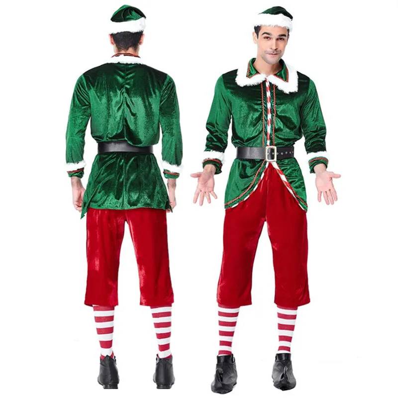 

Рождественский костюм зеленого эльфа, косплей, одежда Санта Клауса, нарядное платье на Рождество, мужской костюм 7 шт./лот, костюм для взросл...