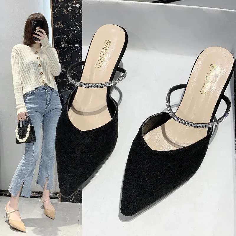 

2021 Summer New Style Outer Wear Women's Slippers, Rhinestone Stiletto Half Slippers, High Heels Women Sandals