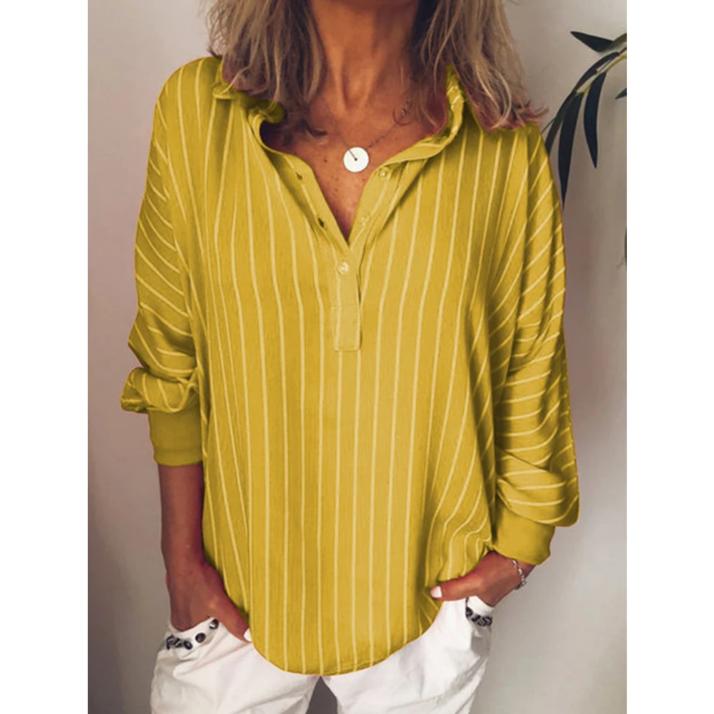 

Fashion summer Woman blouses stripe Loose Casual Striped Button Lapel girl Long Sleeve Shirt Top Blouse button female clothing