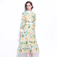 zuoman women autumn elegant floral dress shirt high quality long office lady party robe femme runway designer a line vestidos