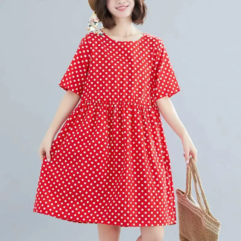 

2021 New Plus Size Loose Korean Elastic Dress Women Summer Short Sleeve Lady Mid-Length Polka Dot Red Dress For Women Clothing