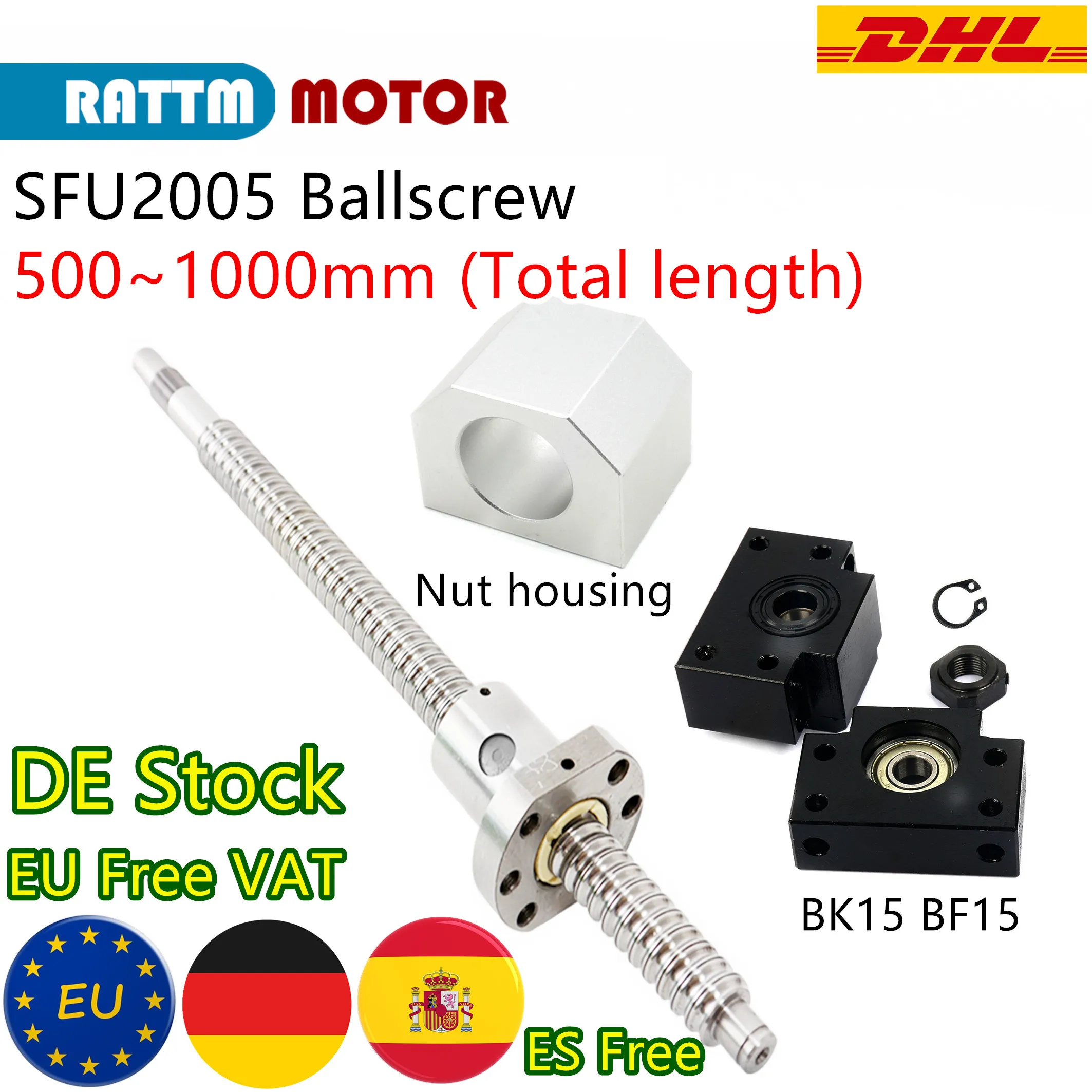

〖EU Free Ship〗Ballscrew C7 SFU2005-L500mm 600mm 800mm 1000mm with Nut & BK/B15 End Support & Coupling for CNC Engraving Router