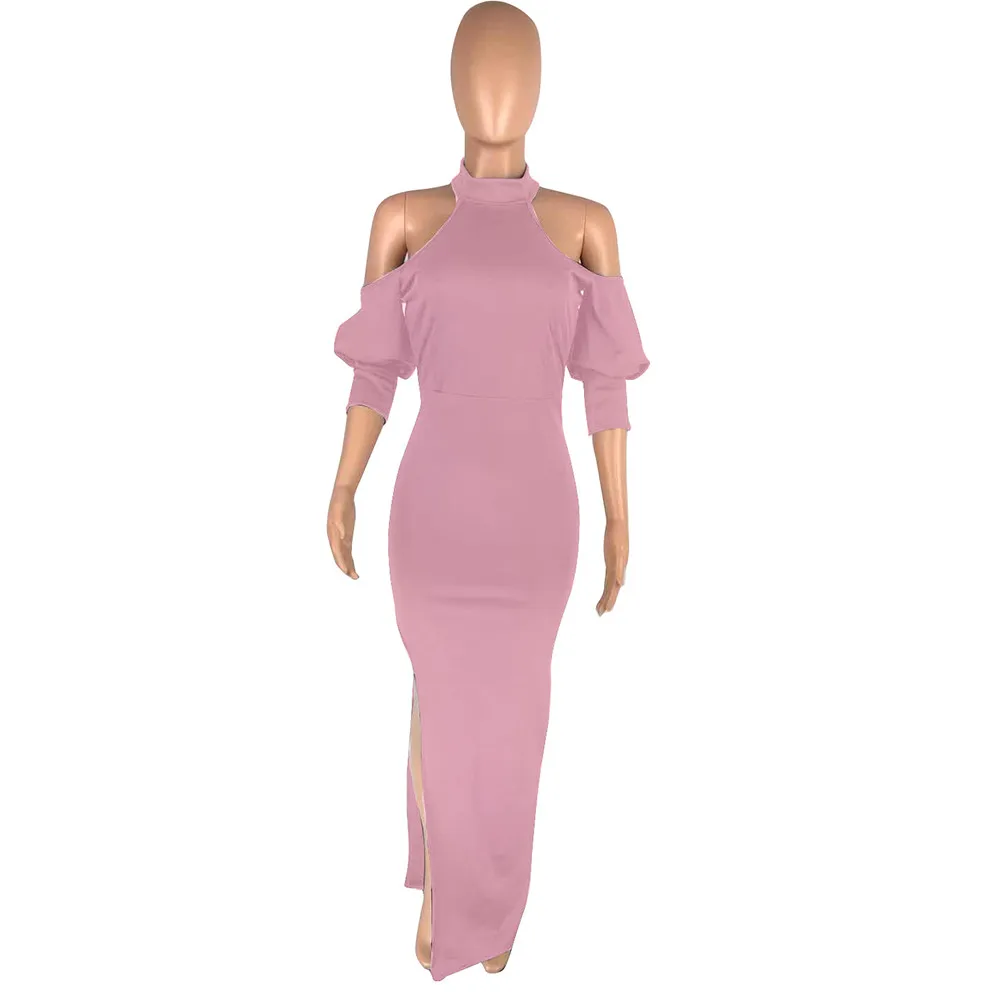 

Black/pink/blue Off The Shoulder Puff Sleeve Long Party Dress Summer Clothing for Women Elegant Side High Split Backless Dress