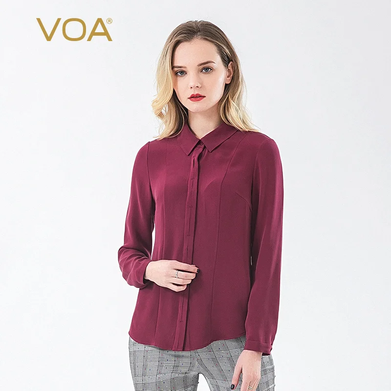 VOA Весенняя фиолетовая Офисная Женская шелковая блузка размера плюс тонкая