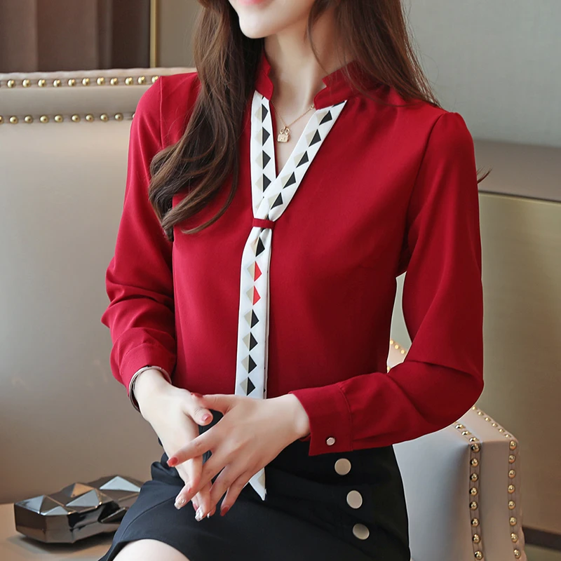 Dingaozlz blusa feminina Elegant Chiffon shirt Long sleeve Ladies blouse Red White Office lady shirt Patchwork Women Tops