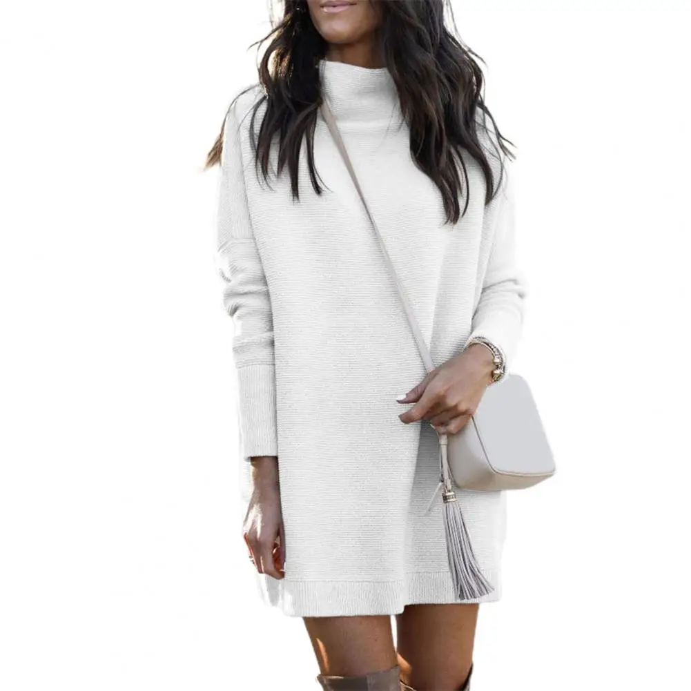 

Warm Women Slim Dress Solid Color Round Neck Autumn Winter Ladies Mini Knitted Sweater Dresses