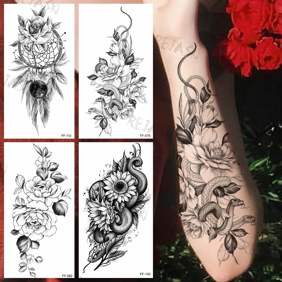 

Flower Snake Temporary Tattoos For Women Forearm Girls Realistic Dream Catcher Feather Sunflower Fake Tattoo Sticker Arm Tatoos