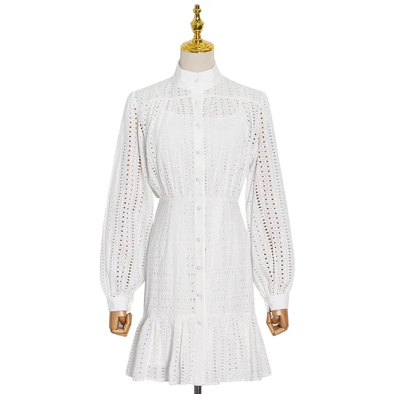 

2021 Spring New High Waist Hollow Out Ruffles French Long Sleeve Dress Solid Color Single Breasted Short Dress two-piece F052