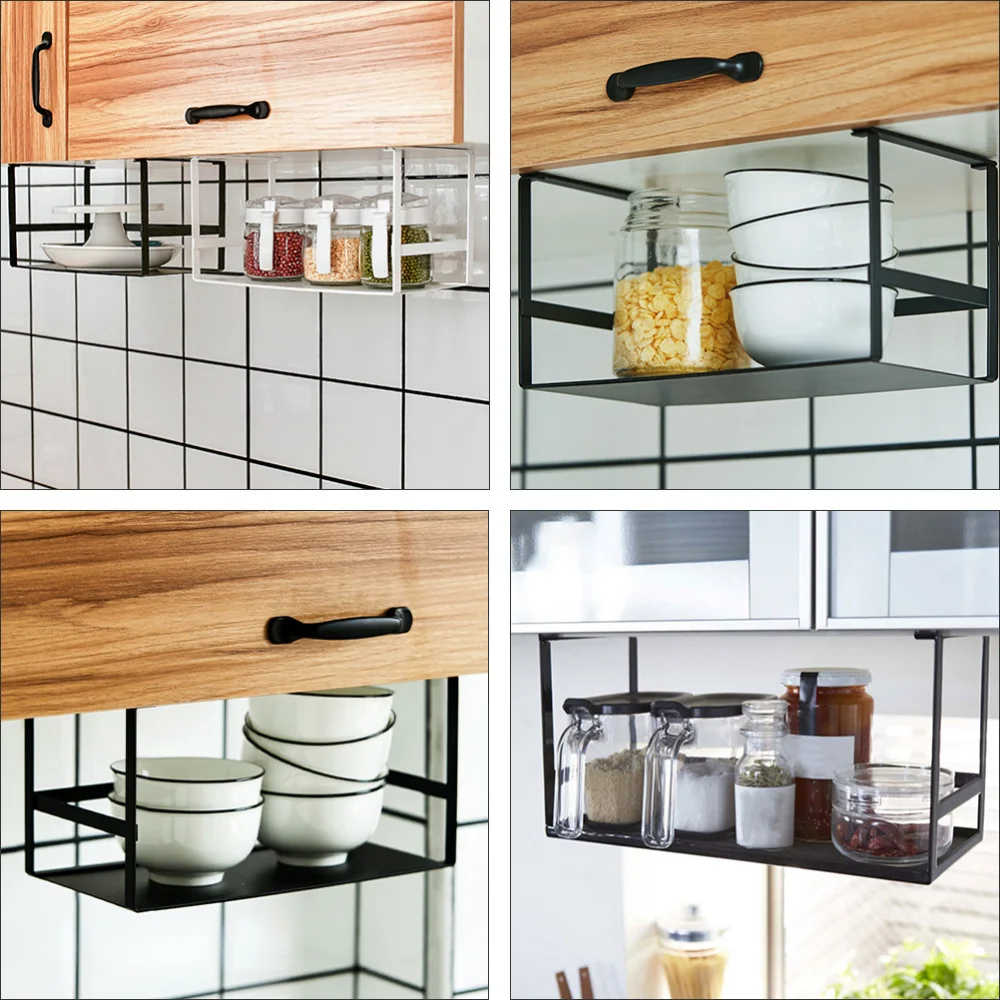 

1pc Kitchen Under Cabinet Seasoning Bottle Storage Shelf Storage Rack (Black)