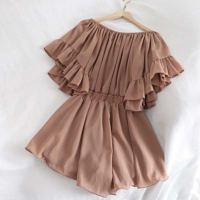 

dress pants elastic waist loose casual pants careful machine sexy exposed clavicle short sleeve wide leg pants Jumpsuit