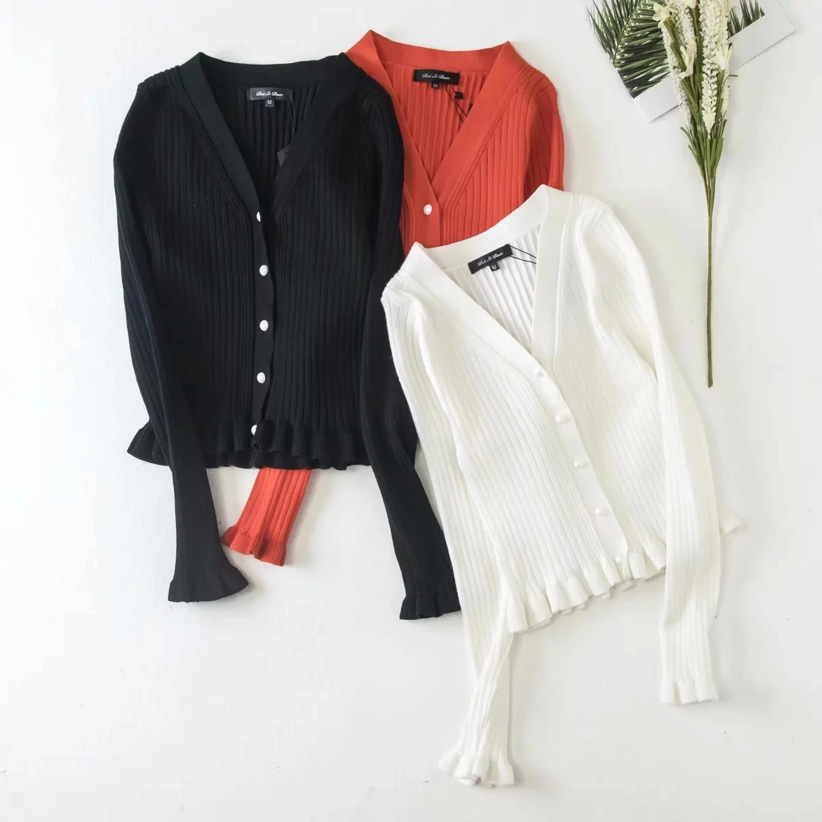 Women Deep V Neck Single Breasted Solid Sweater with Ruffle Trim Crop Cardigan |